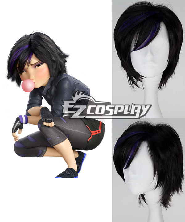 ITL Manufacturing Big Hero 6 Go Go Tomago Wig Short Straight Black with Purple Highlight Synthetic Anime Cosplay Wig