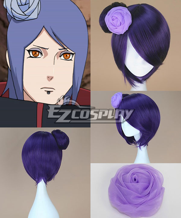 ITL Manufacturing NARUTO Konan Short Straight Purple Wig with Bun Anime Cosplay Wig