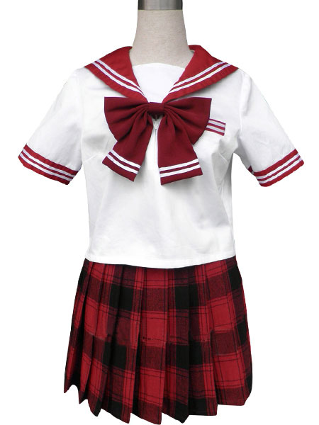 ITL Manufacturing Red Short Black Short Sleeves Grid Skirt Sailor Uniform Cosplay Costume